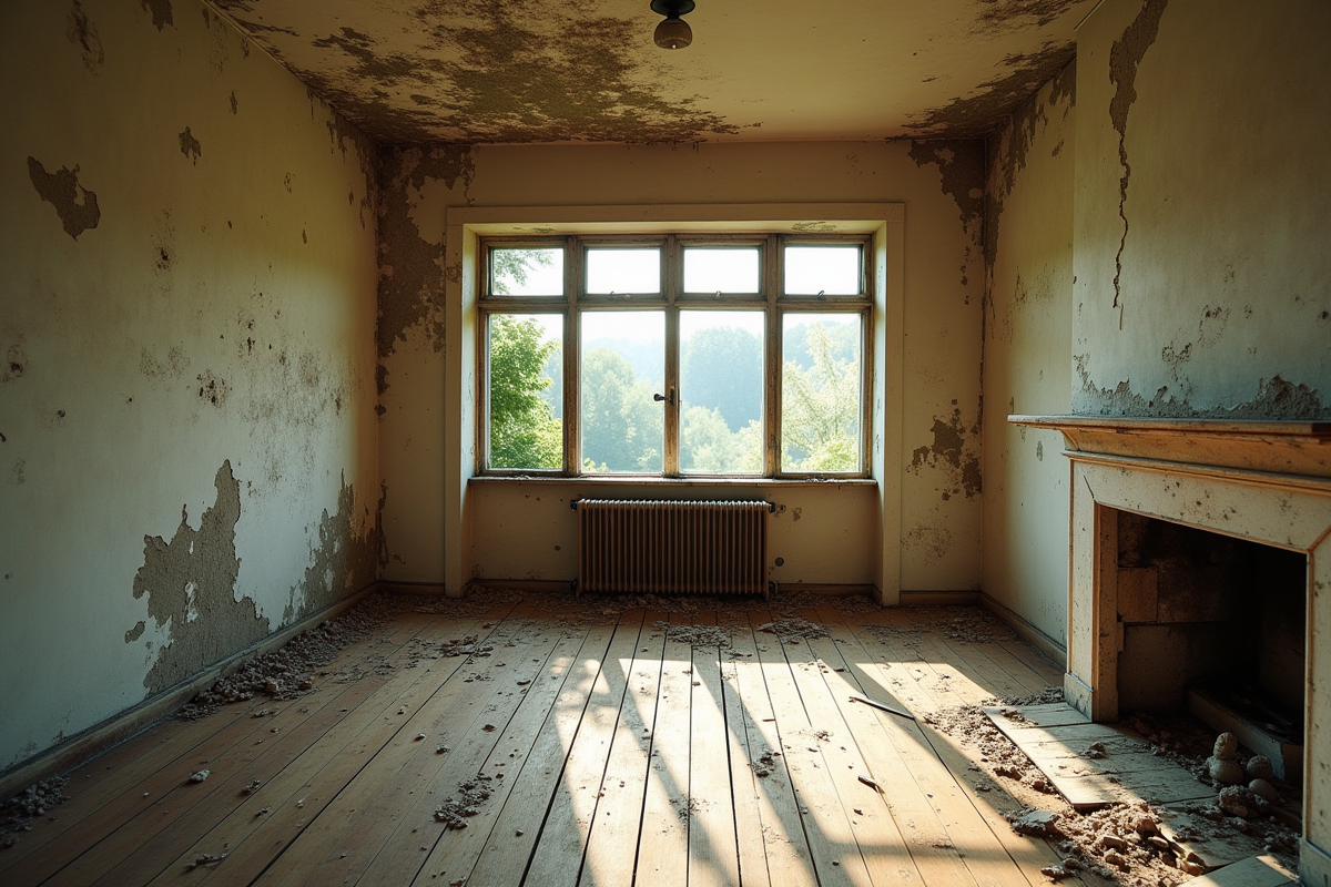 Intérieur avec moisissure et murs en décomposition