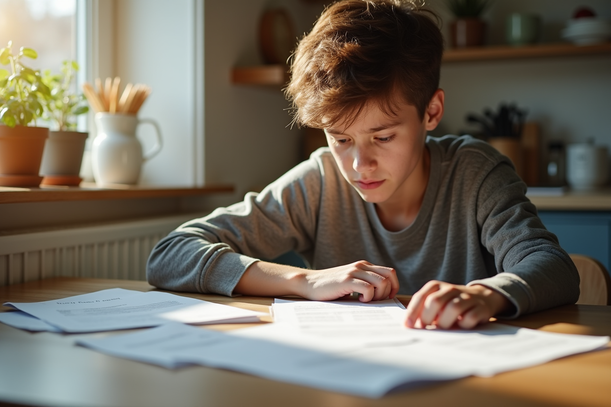 Jeune adulte regardant des documents de location dans la cuisine