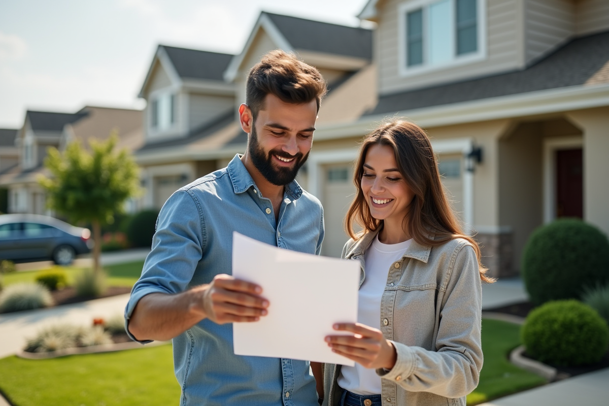 Jeune couple devant une maison en vente consulte une lettre de preapprobation