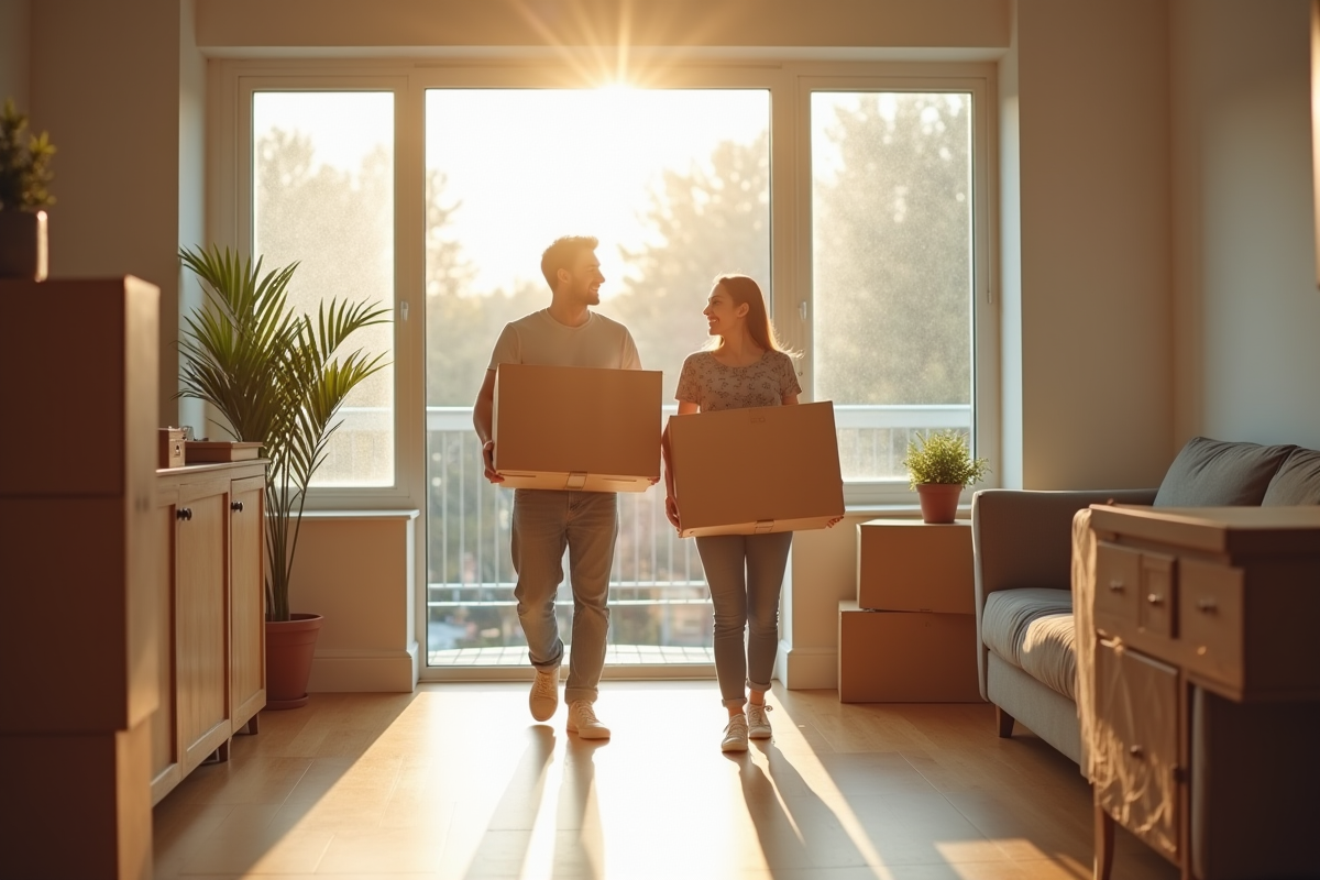 Jeune couple heureux déménageant dans un appartement lumineux