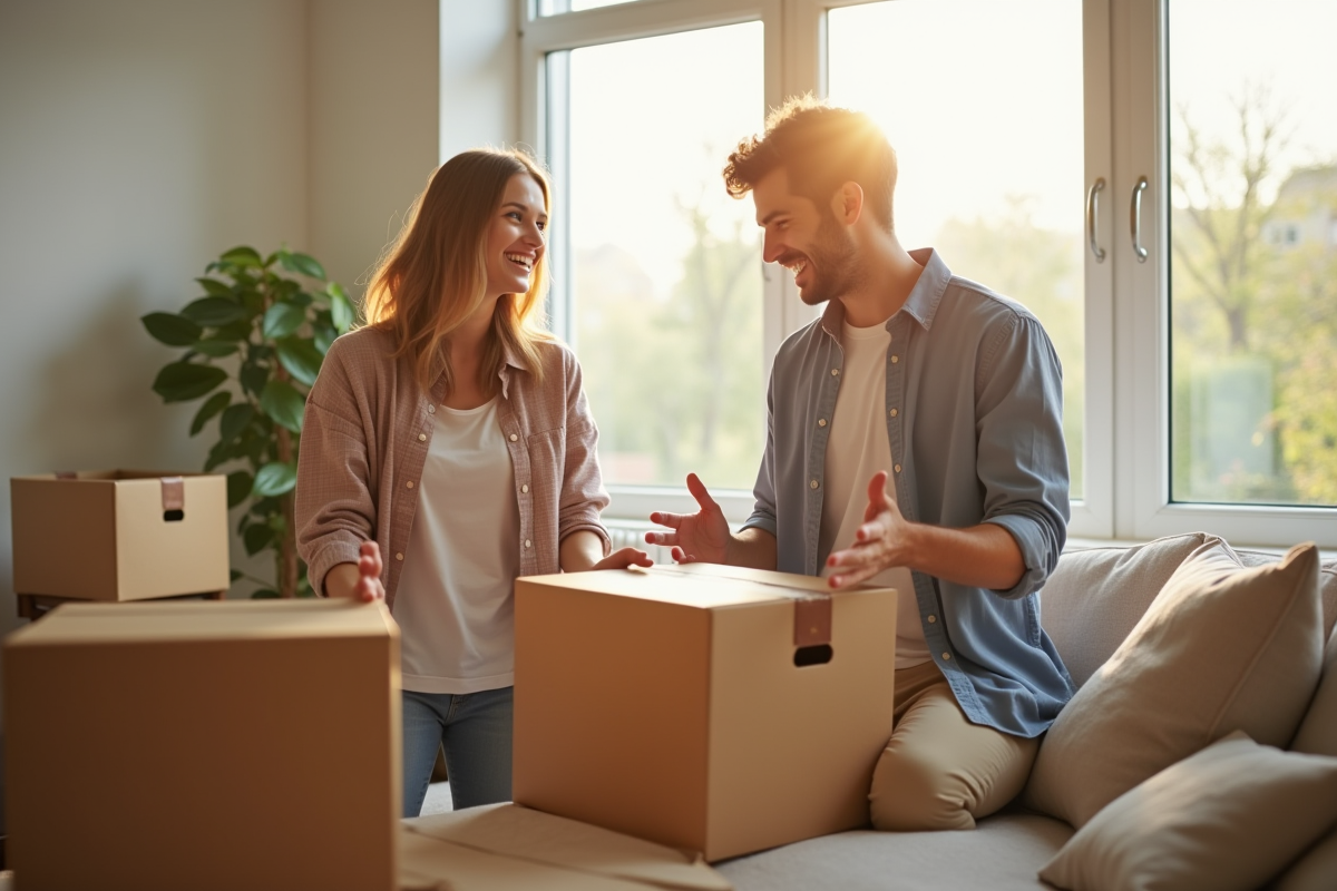 Jeune couple déballant des cartons dans un appartement lumineux