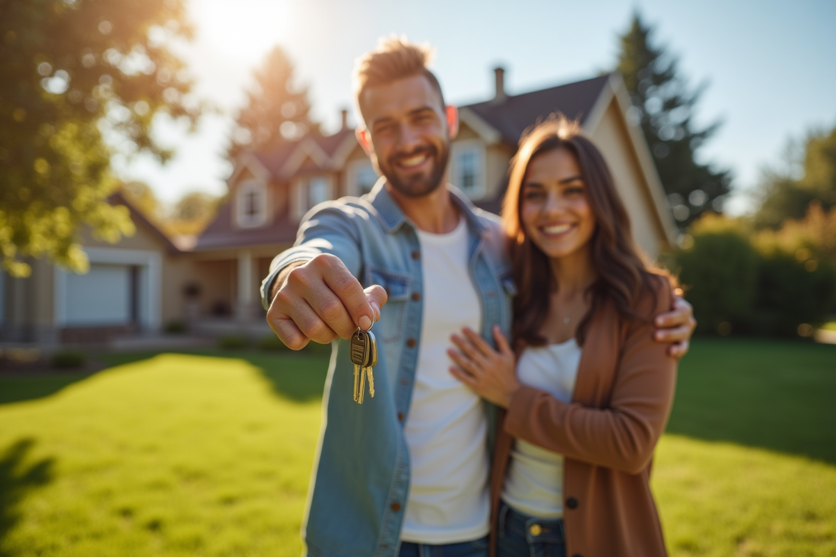 Jeune couple souriant devant leur nouvelle maison avec clés