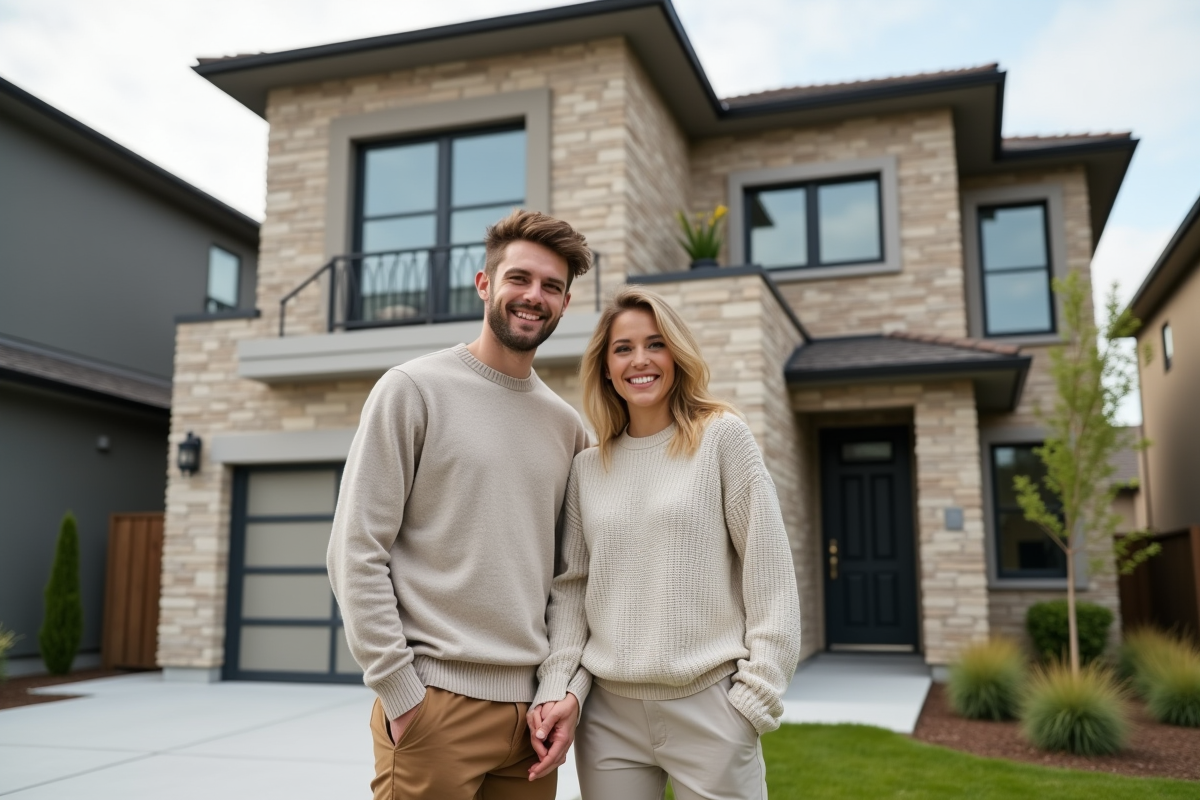 Jeune couple devant une maison contemporaine neuve