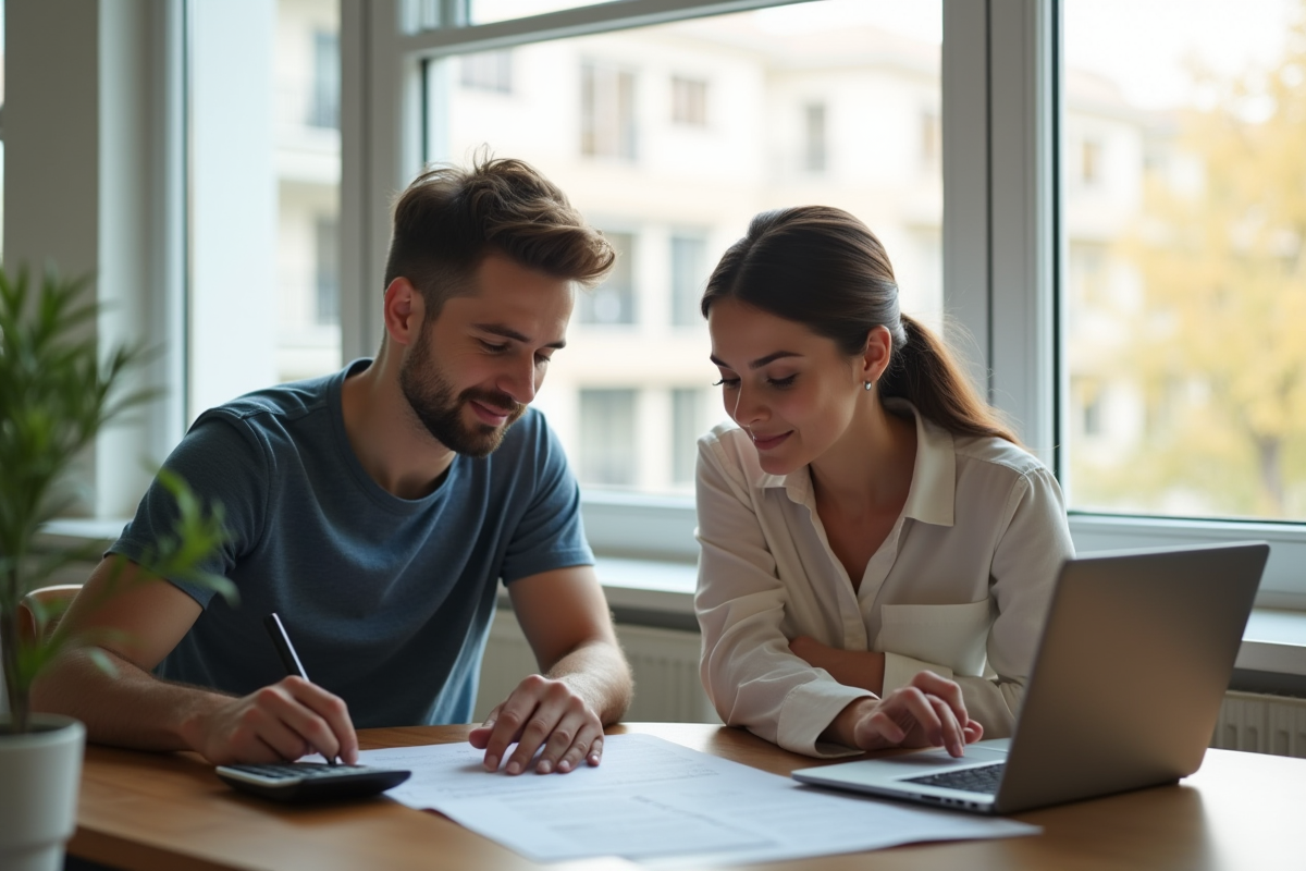 Jeune couple discutant de prêt immobilier dans un appartement lumineux