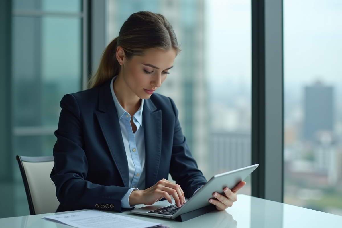 Jeune femme professionnelle utilisant une calculatrice immobilière