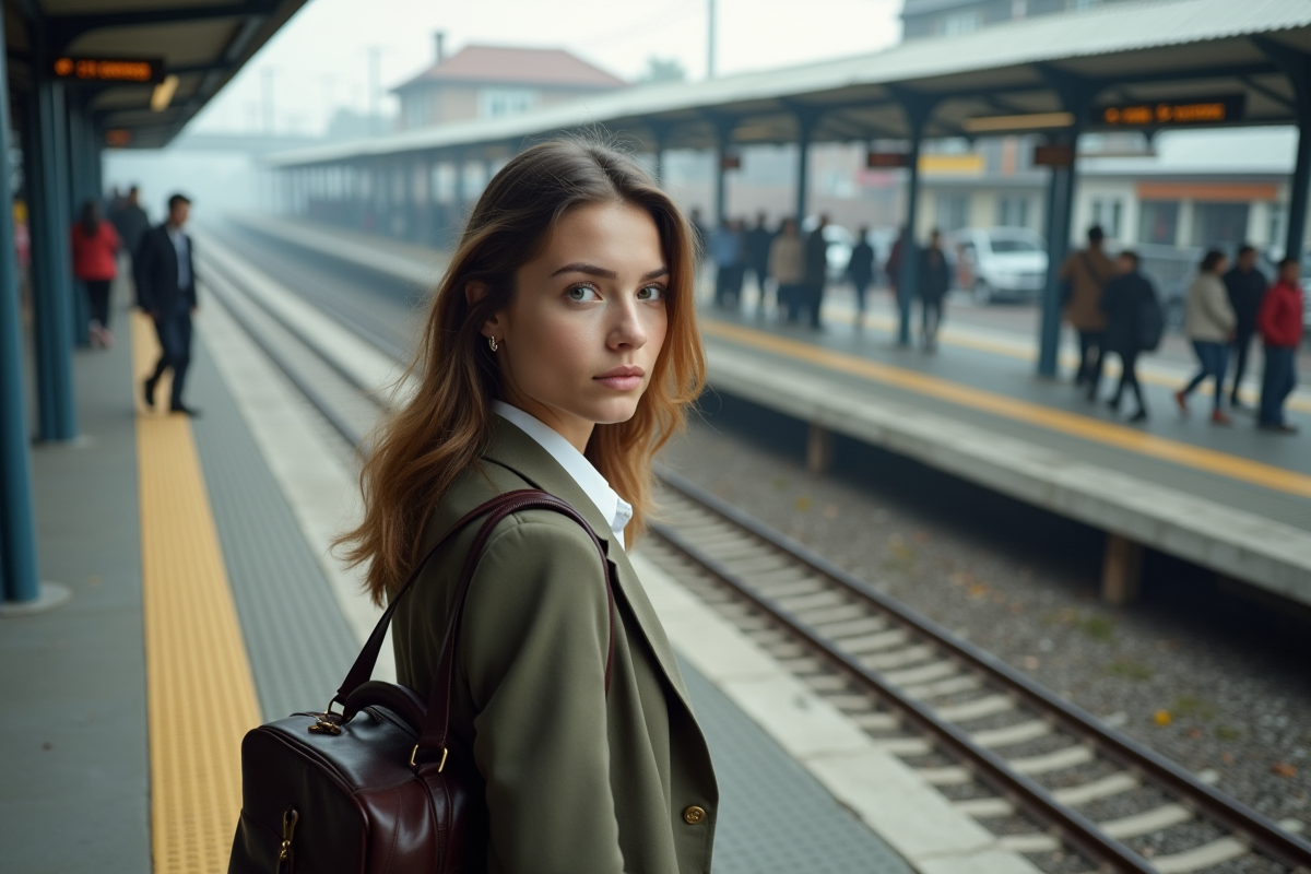 Jeune femme dans la gare de banlieue lors de sa descente