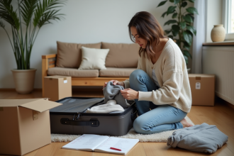 Jeune femme plie des vêtements près d'une valise dans un salon chaleureux