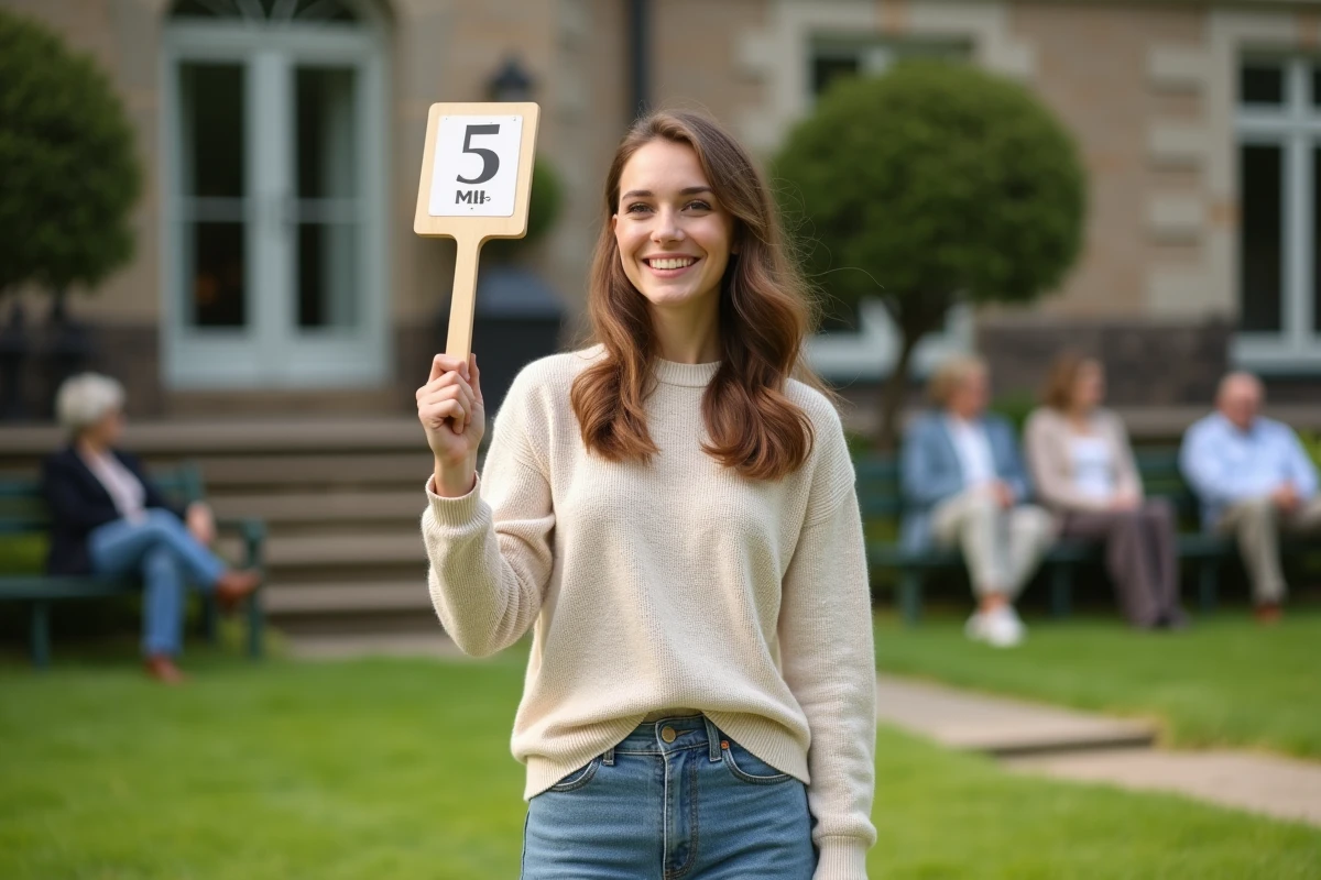 Jeune femme souriante participe à une vente aux enchères en extérieur