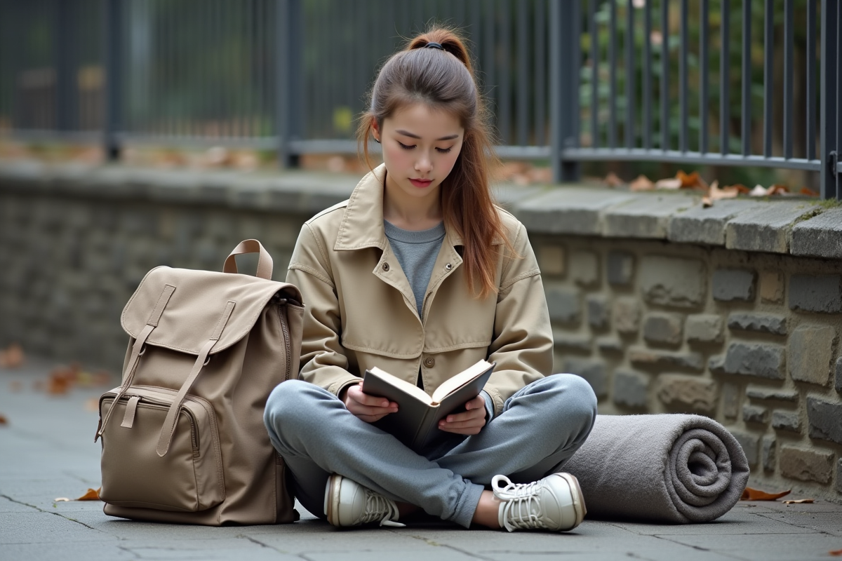 Jeune femme lisant un livre dans une rue pavée en ville