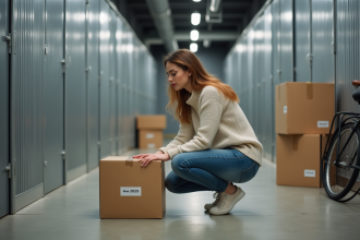 Jeune femme organisant des cartons dans un espace de stockage