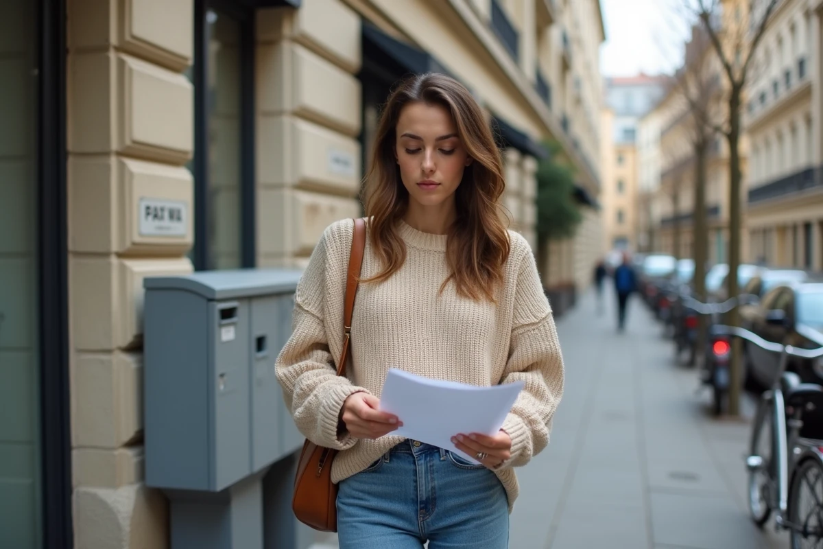 Jeune femme vérifiant ses papiers fiscaux devant immeuble