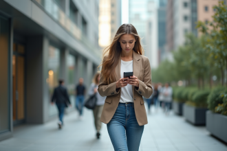 Jeune femme en ville marchant avec smartphone