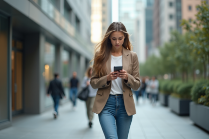 Jeune femme en ville marchant avec smartphone