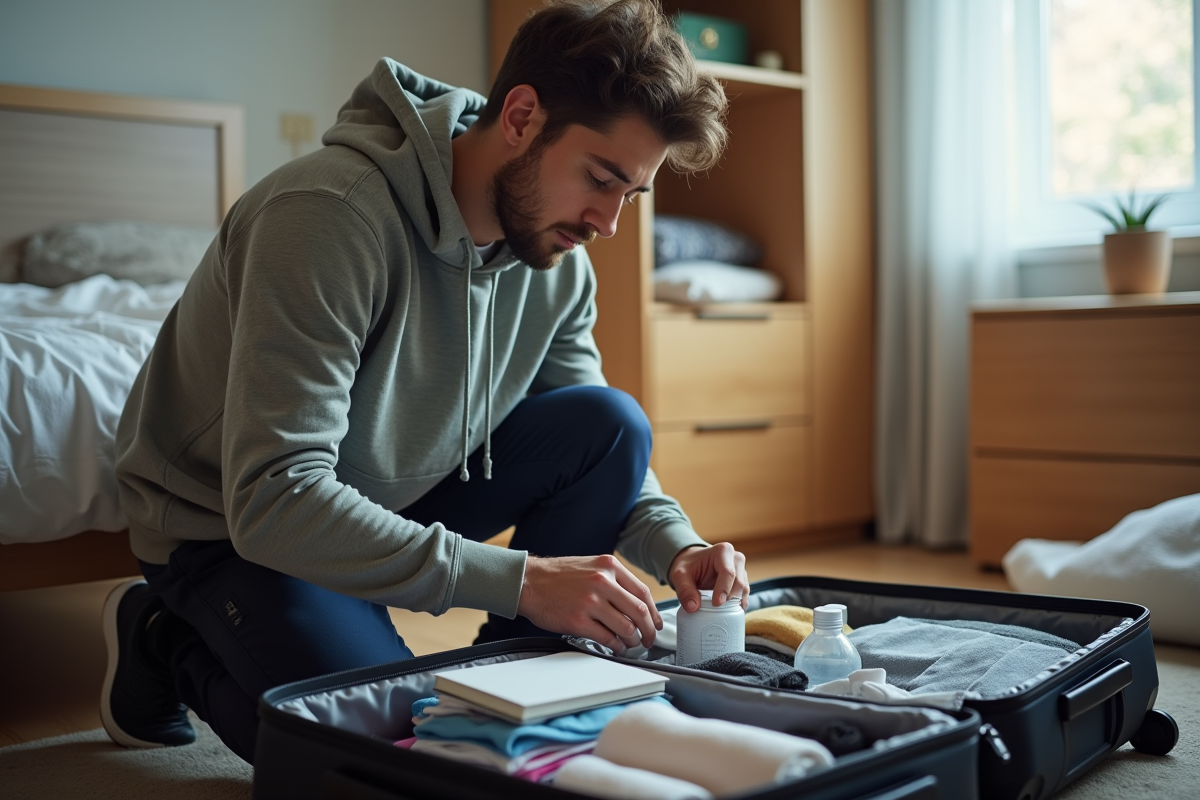 Jeune homme emballant ses affaires dans une valise dans sa chambre