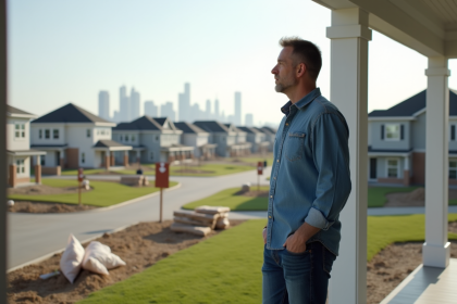 Homme d'âge moyen sur le porche d'une maison neuve en banlieue