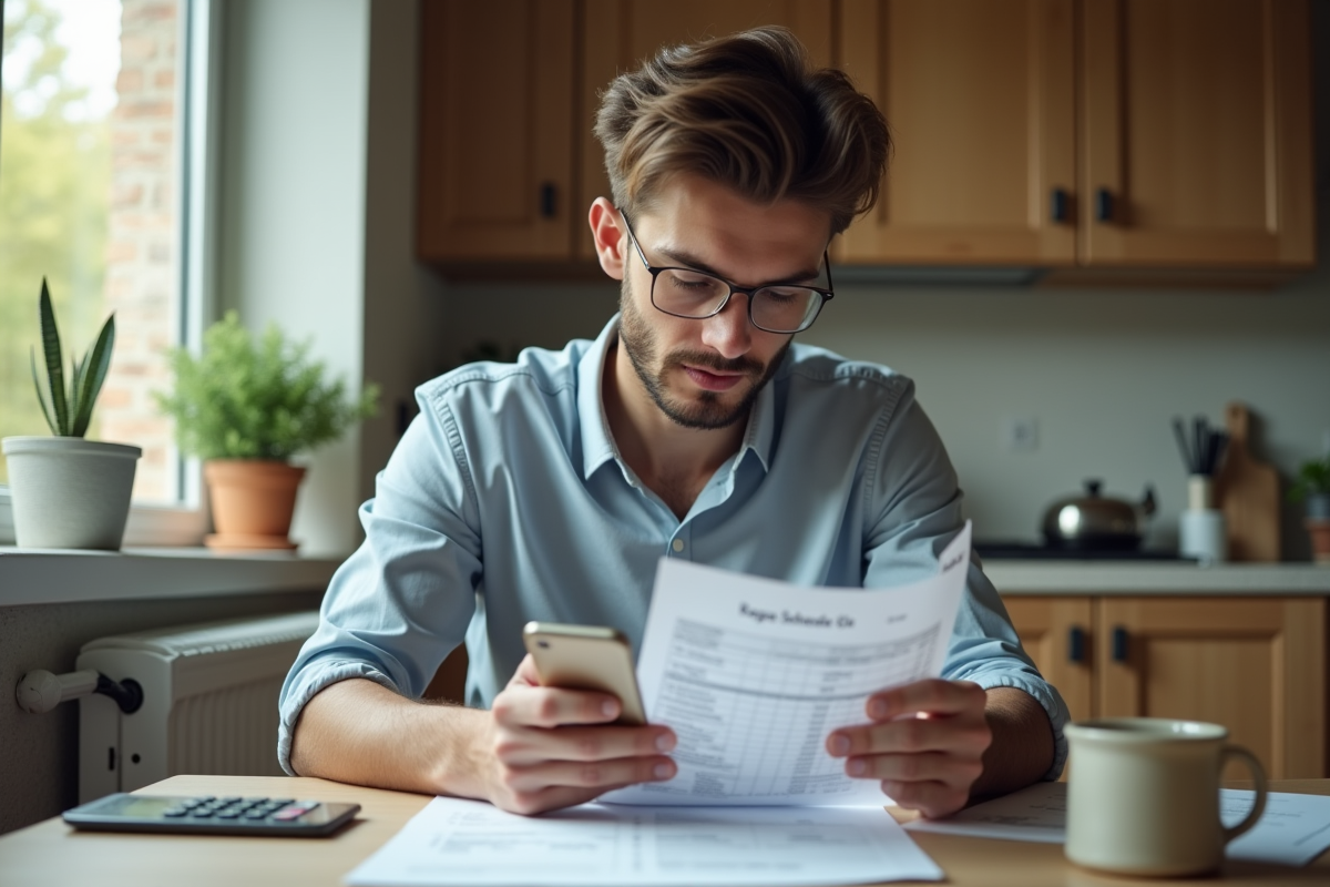 Jeune homme vérifiant un plan de remboursement de prêt à la maison