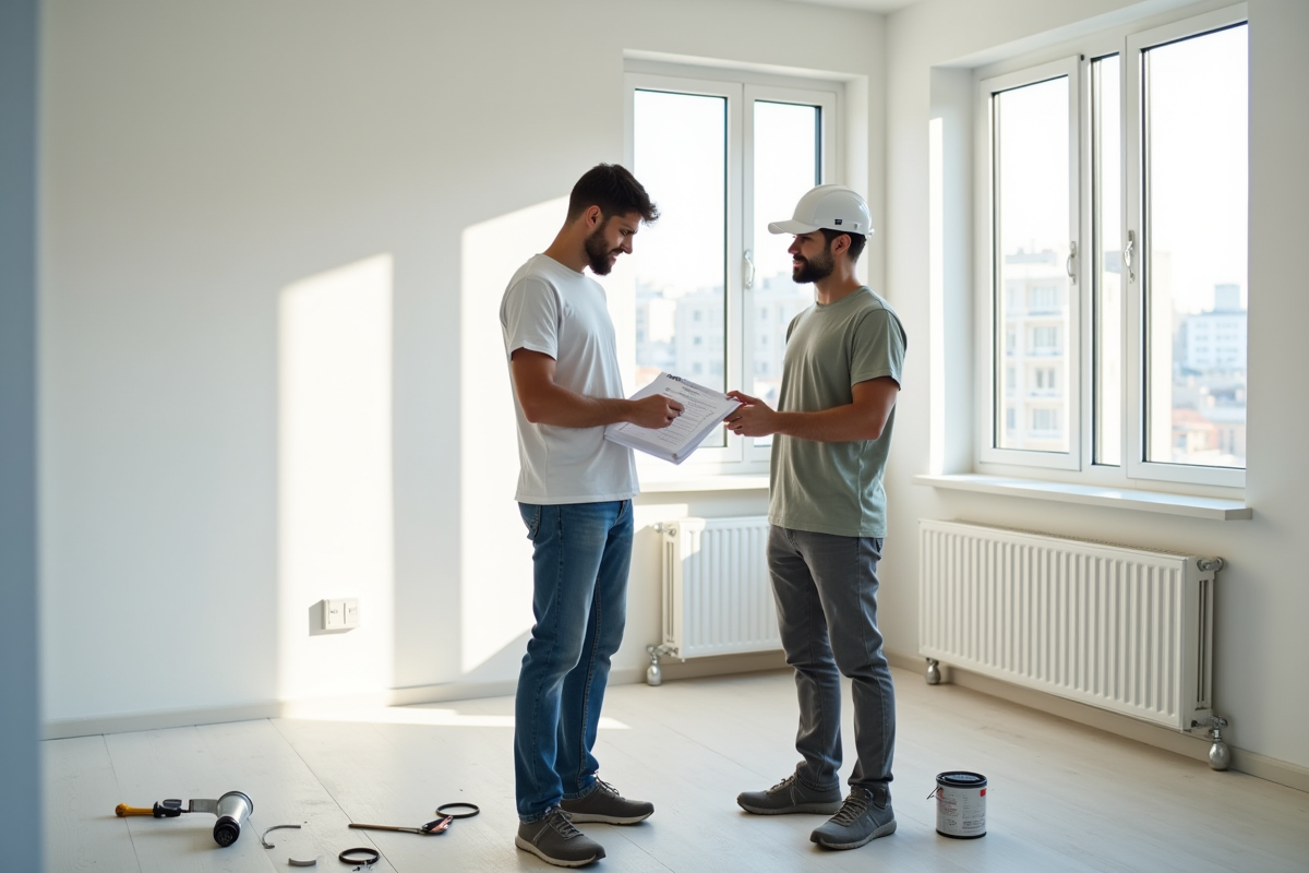 Jeune locataire discutant avec un professionnel dans un appartement lumineux