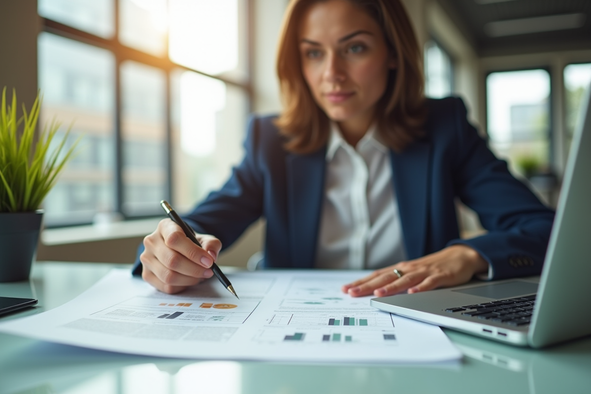 Jeune professionnel examinant des documents immobiliers au bureau