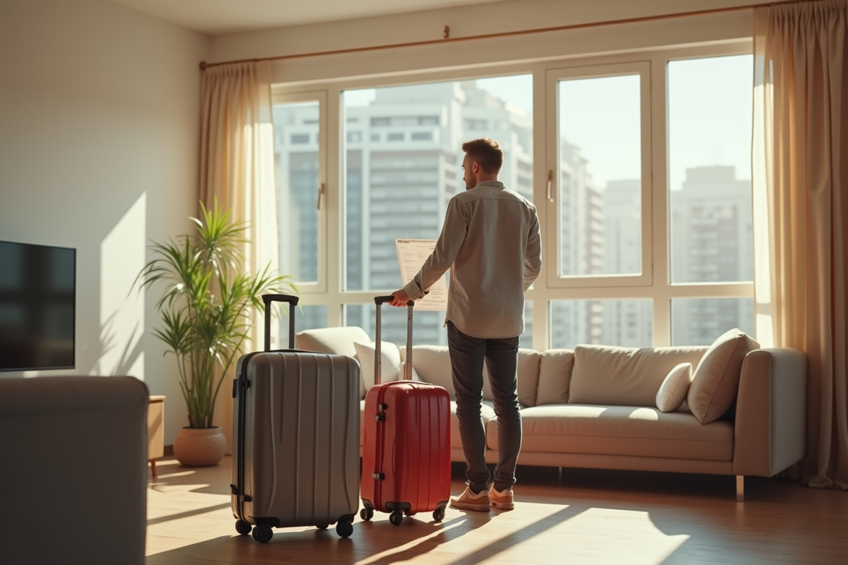 Locataire inquiet avec valises dans un salon lumineux