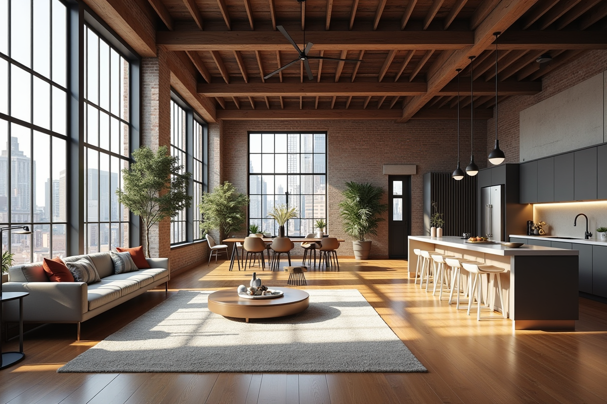 Loft moderne avec grandes fenêtres industrielles et murs en briques