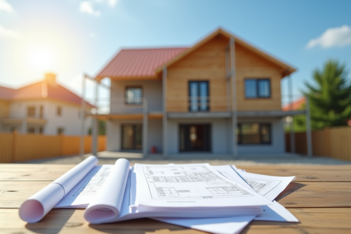 Maison neuve en construction avec documents et plans