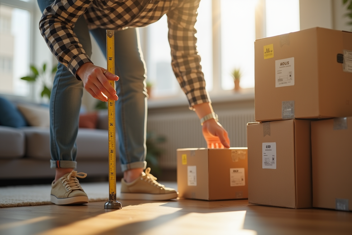 Personne mesurant et notant près de cartons de déménagement