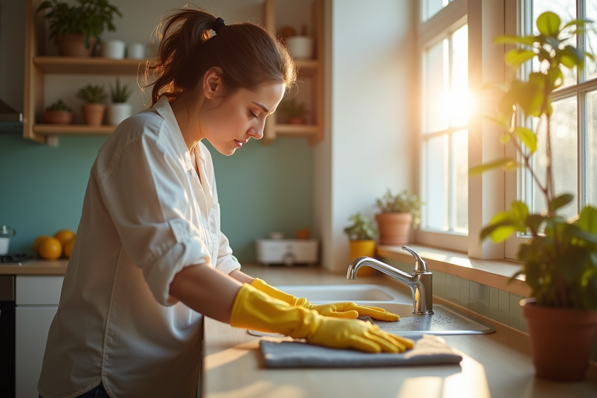 Locataire nettoyant attentivement la cuisine de l