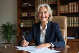 Notaire femme d'affaires examinant des documents juridiques