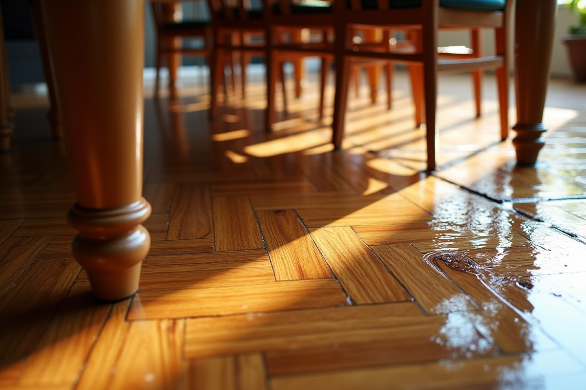 Sol en parquet mouillé avec reflet de la lumière du matin