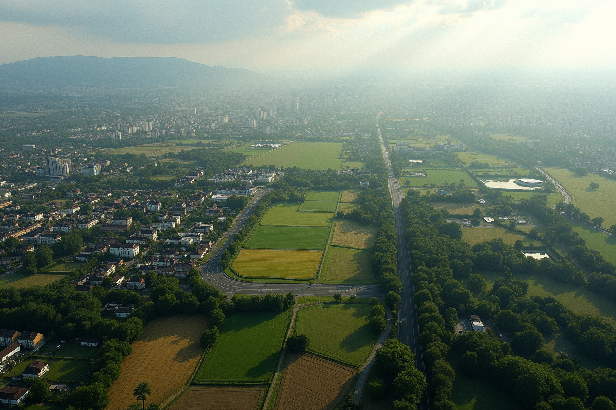 Paysage periurbain avec bâtiments modernes et nature