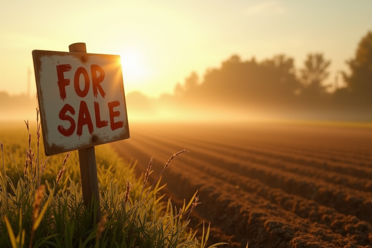 Paysage rural ensoleille avec panneau vente agricole