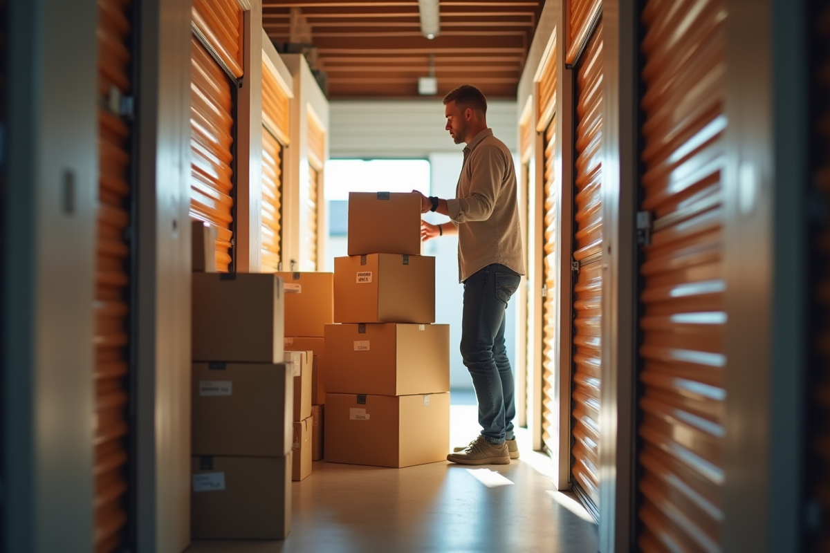 Personne organisant des cartons dans un selfstorage lumineux