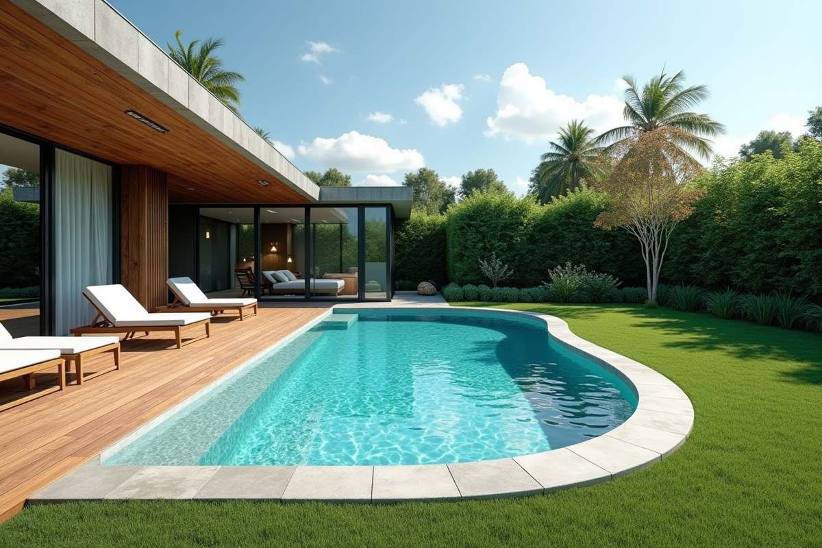 Piscine moderne installée dans un jardin contemporain avec eau turquoise