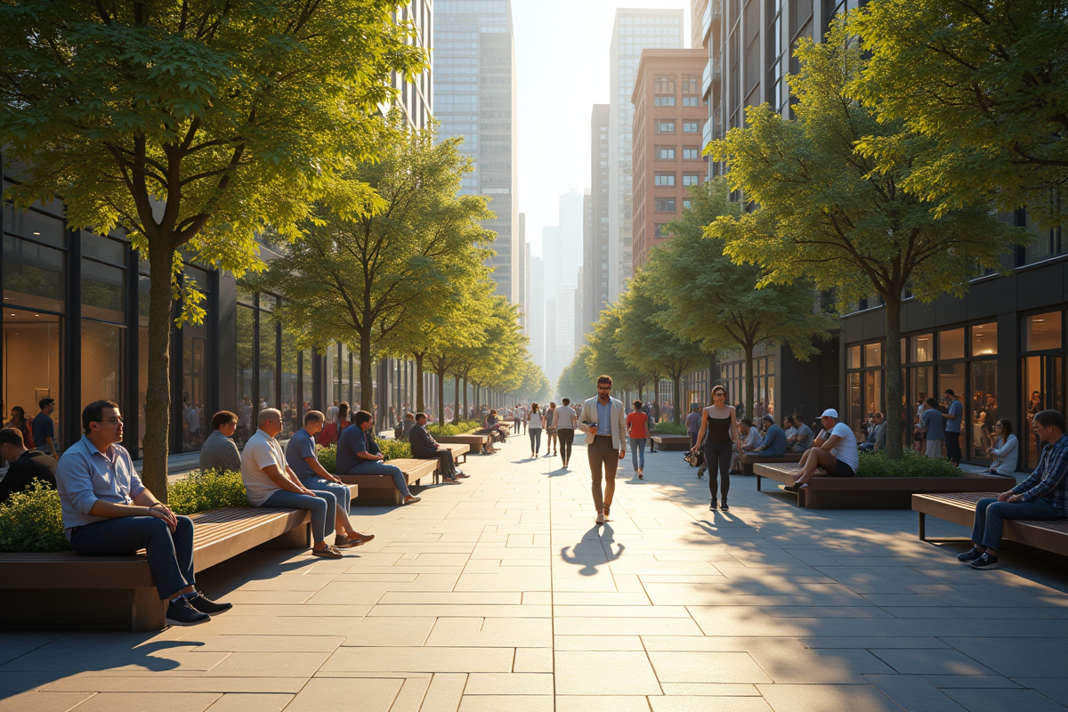Place piétonne animée en ville moderne avec arbres et bâtiments
