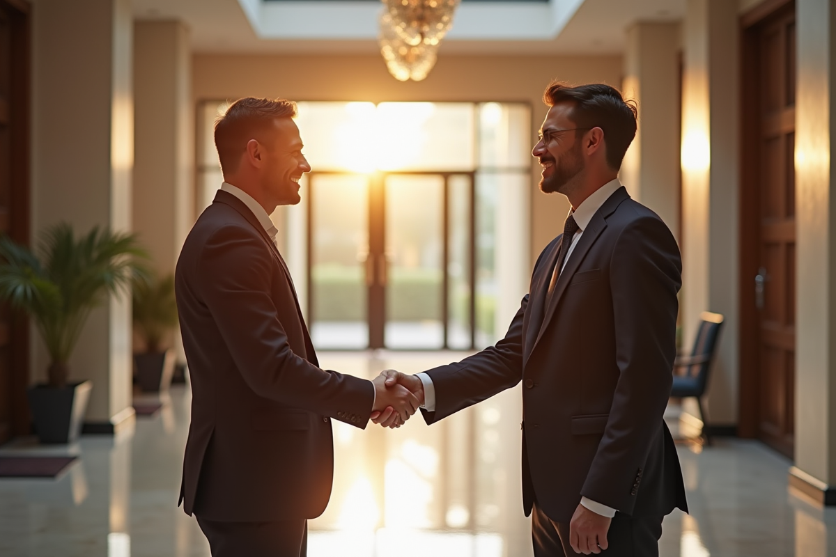 Poignée de main entre gestionnaire et client dans un hall lumineux