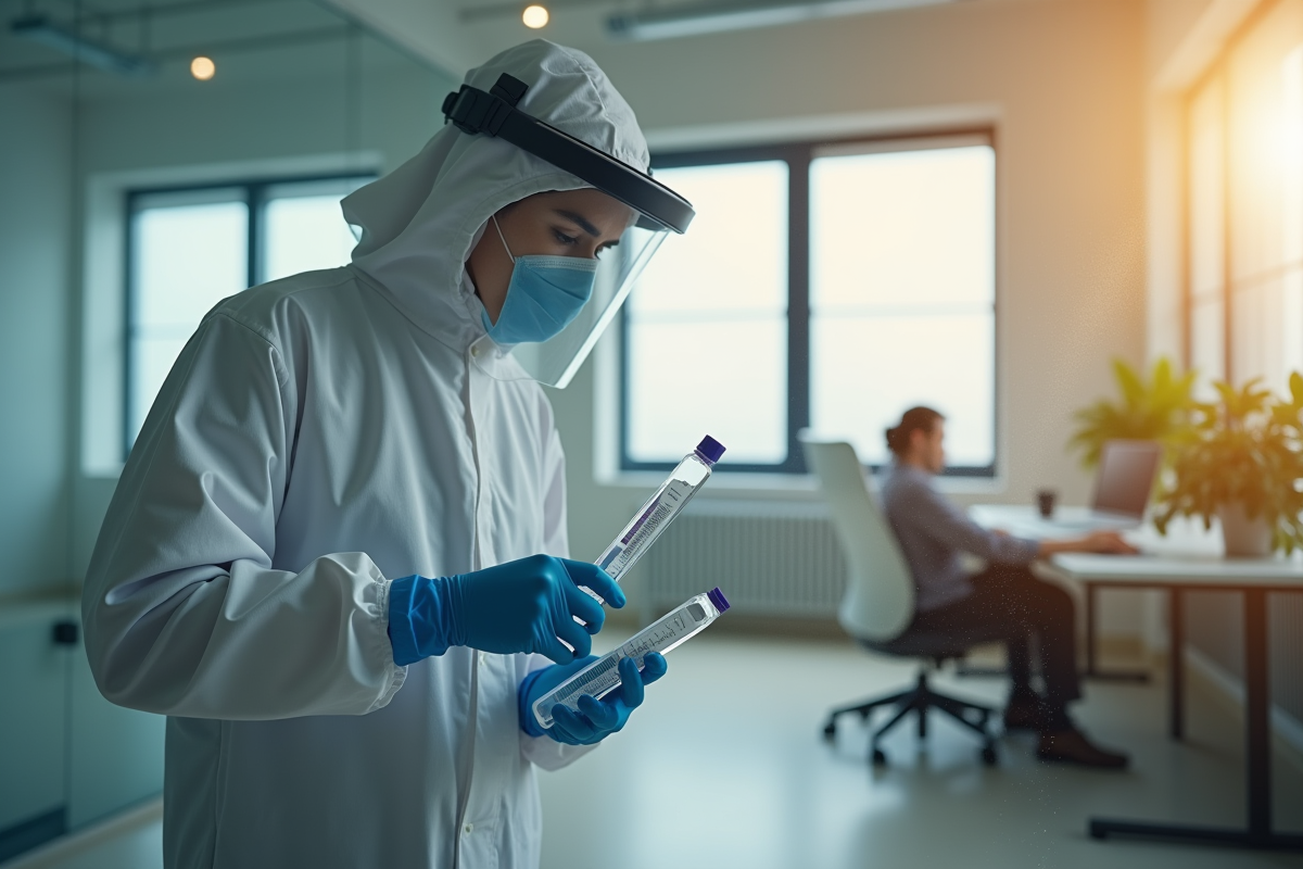 Spécialiste prélevant un échantillon de mur dans un bureau avec gants