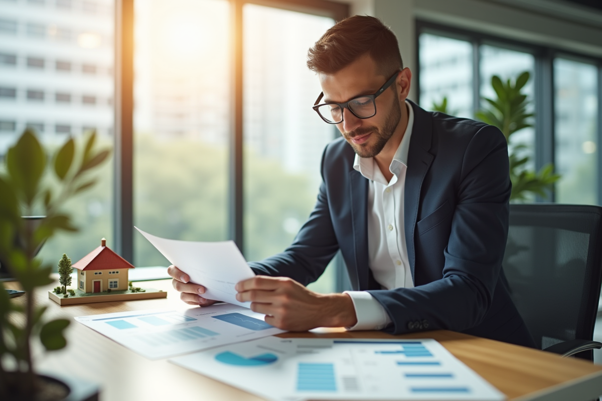 Professionnel en affaires examinant des documents immobiliers