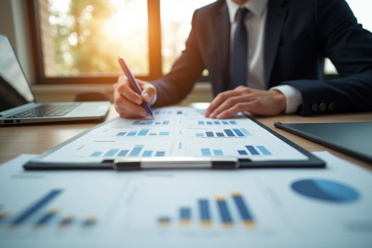 Professionnel en costume examinant des documents de prêt immobilier