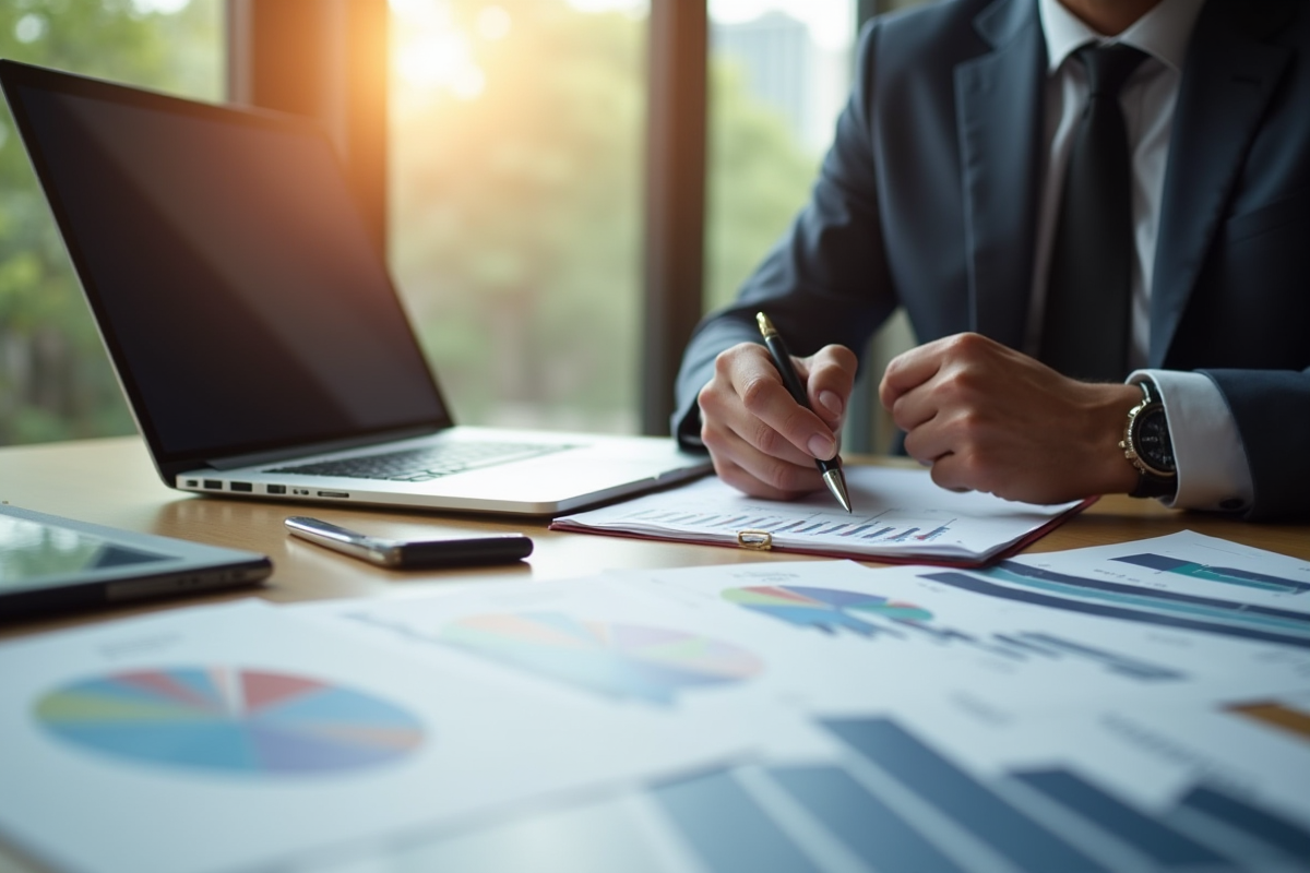 Professionnel en tenue formelle examinant des documents immobiliers