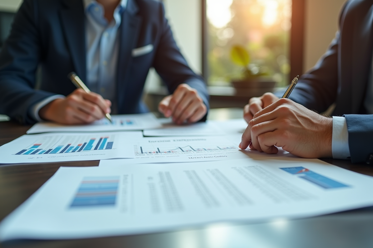 Deux professionnels examinent des documents de dépenses avec des graphiques