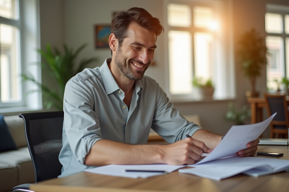 Propriétaire souriant vérifiant des documents dans un salon lumineux