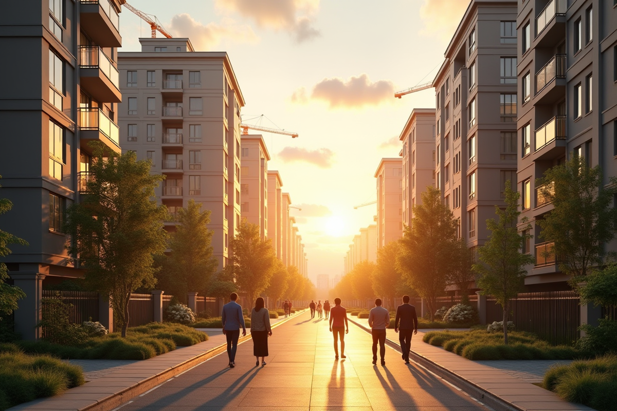 Nouveau quartier résidentiel en construction avec familles et ouvriers