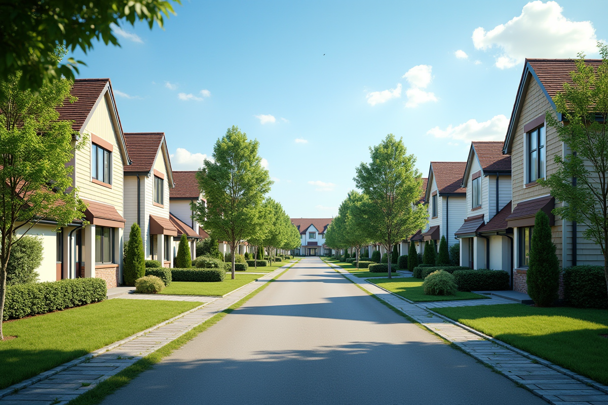 Quartier résidentiel suburbain avec maisons et jardins