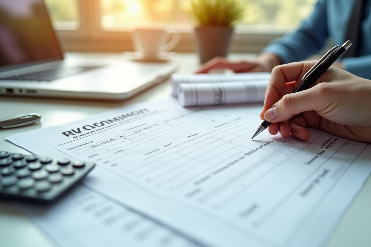 Main remplissant un formulaire de remboursement avec reçus et calculatrice