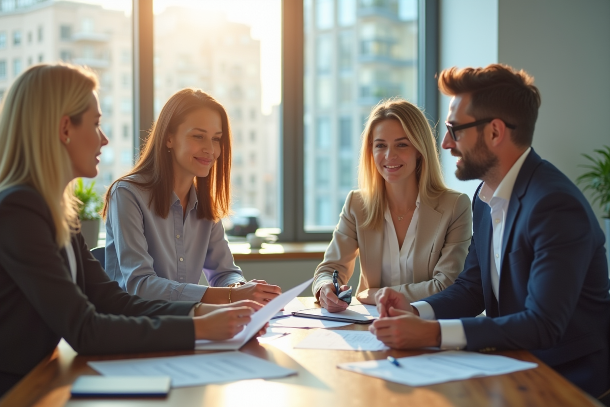 Réunion entre propriétaire et locataire dans un bureau lumineux