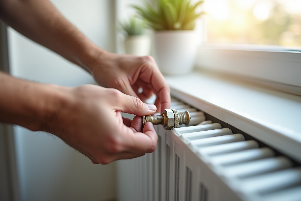 Personne utilisant une clé de radiateur dans un appartement lumineux