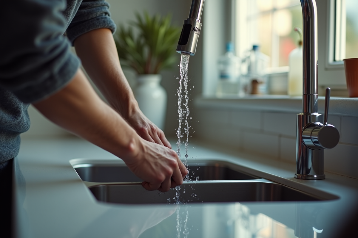 Mains réparant un tuyau qui fuit sous un évier de cuisine moderne