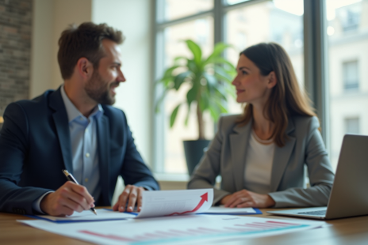 Rencontre entre conseiller bancaire et client avec graphique de taux