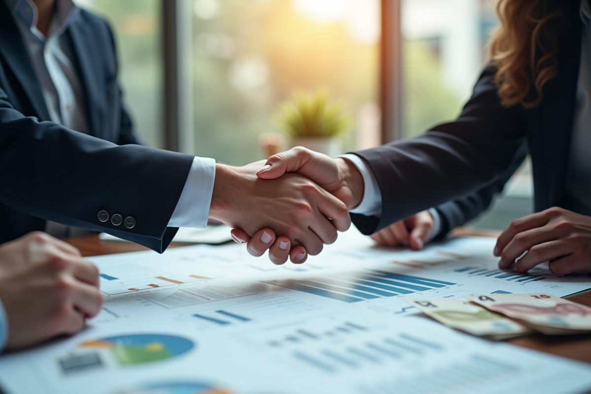 Conseiller financier serrant la main de clients avec documents et billets