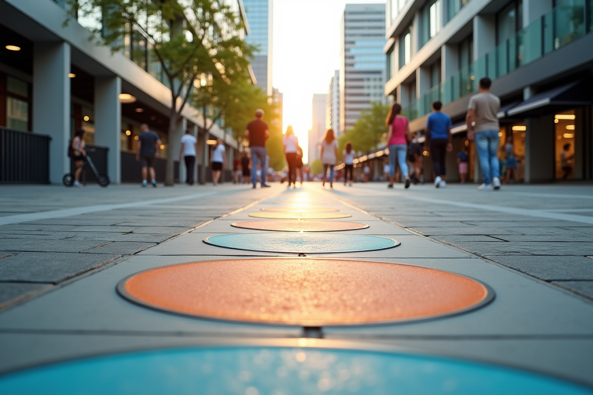Rue piétonne avec marquages de zones urbaines en plein jour
